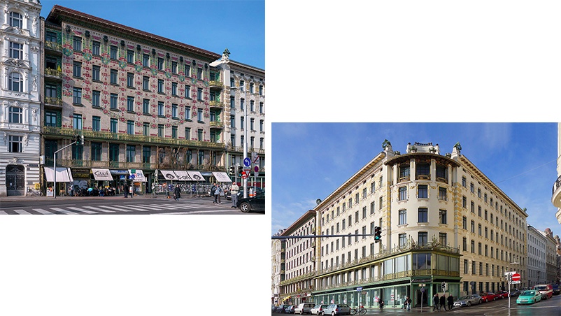 Links: Majolikahaus (1898) Rechts: Wienzeilenhäuser (1898) | Beide Abbildungen: Thomas Ledl/Wikipedia