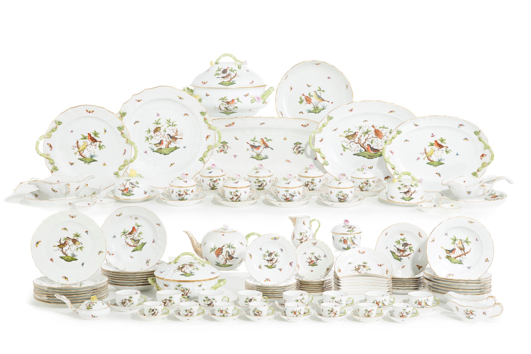 An extensive forty-three lot Herend dinner service in the Rothschild Bird pattern from the collection of Fima Ruchman has estimates ranging from $150-250 to $1,500-2,000.