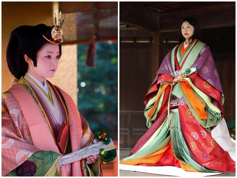 Links: Detail der Jūnihitoe-Schichten | Foto via flickr.com ©Otomodachi || Rechts: Jūnihitoe der Heian-Zeit | Foto via Pinterest