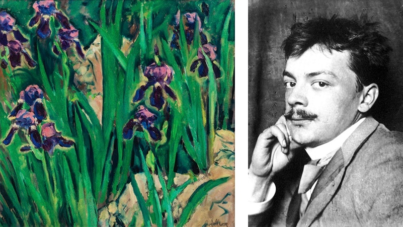 Links: Koloman Moser, Schwertlilien, 1911/14 | Abb.: Auktionshaus im Kinsky Rechts: Koloman Moser | Abb.: Wikipedia