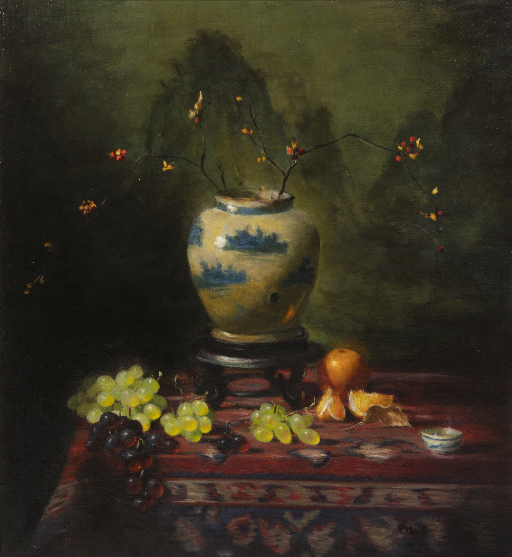 Oil on canvas by Richard Pionk (American, 1936-2007), titled Still Life with Cherry Blossoms in a Chinese Blue and White Vase, signed ‘Pionk’ lower right (est. $700-$900).