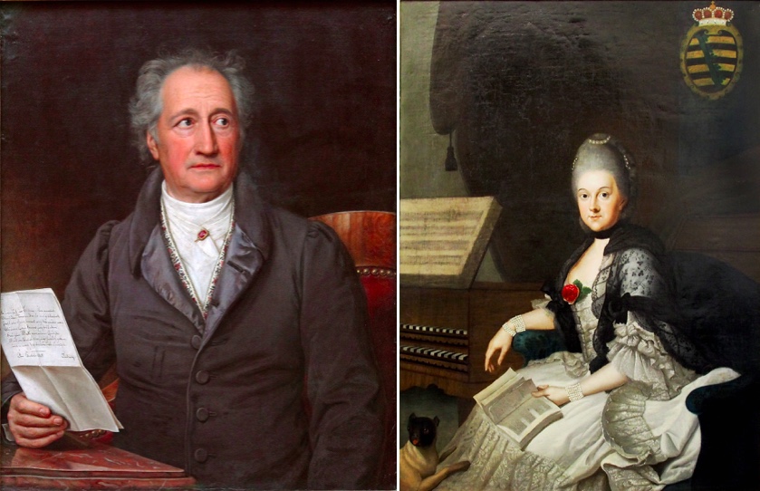 Links: Johann Wolfgang von Goethe, Portrait von Joseph Karl Stieler (1828) | Rechts: Herzogin Anna Amalia von Sachsen-Weimar-Eisenach, Portrait von Johann Ernst Heinsius (1769)
