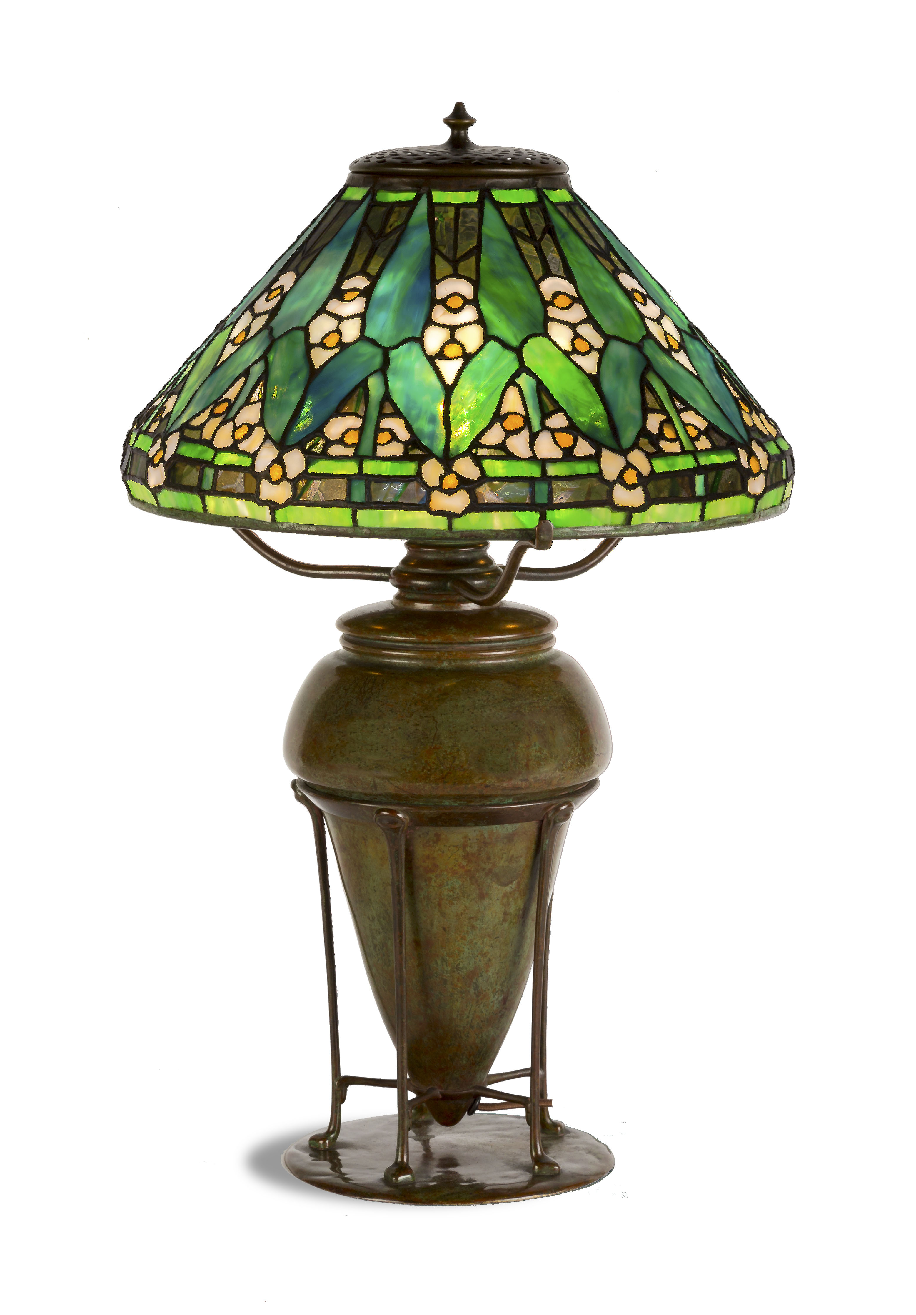 Tiffany Studios (N.Y.) leaded glass and patinated bronze Arrowroot table lamp with a 14 inch shade ($62,500).