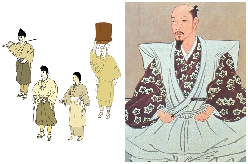 Links: Kleidung der Muromachi-Zeit | Foto via Reconstructing History || Rechts: Katō Kiyomasa trägt einen Kataginu | Foto via Pinterest