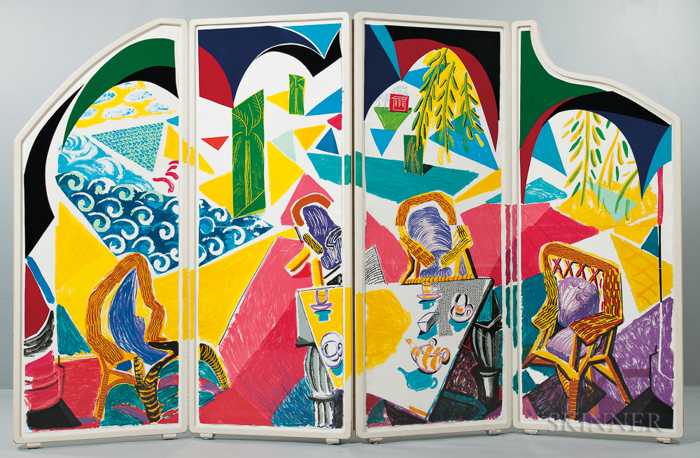Caribbean Tea Time, from the series Moving Focus, 1985-87, edition of 36 plus proofs, published by Tyler Graphics, Ltd., Mount Kisco, New York (MCA Tokyo, 288). Numbered and signed "AP VII/X David Hockney" in pencil on right-most panel l.c. Color lithograph with hand-coloring, and collage on eight sheets of TGL handmade paper, assembled together in a four-panel, folding, contoured, lacquered, and hand-painted wood floor screen, with four screenprinted plastic panels, all designed by the artist, full size 86 x 136 in. (218.4 x 345.5 cm). Condition: Deckled edges and floated as originally presented by the artist, areas of cracking/loss to frame, several rubs to Plexiglas, screenprinted panels somewhat yellowed. Provenance: A private Massachusetts collection.