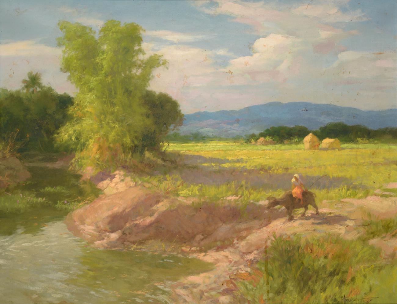 Fernando Cueto Amorsolo (1892-1972) Filipino Figure riding through a river landscape on a Carbao