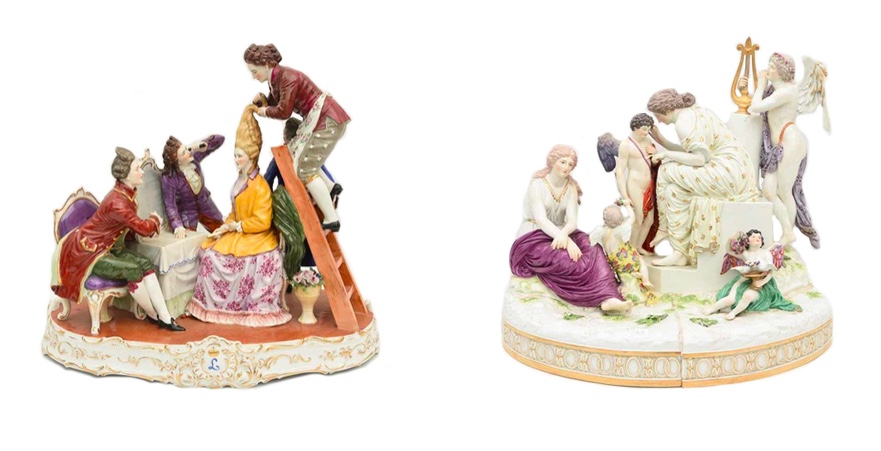 Links: LUDWIGSBURG Figurengruppe "Der große Coiffeur", gemarkt, 20. Jh. Rechts: MEISSEN Große Figurengruppe mit Goldstaffage, gemarkt, 20. Jh.