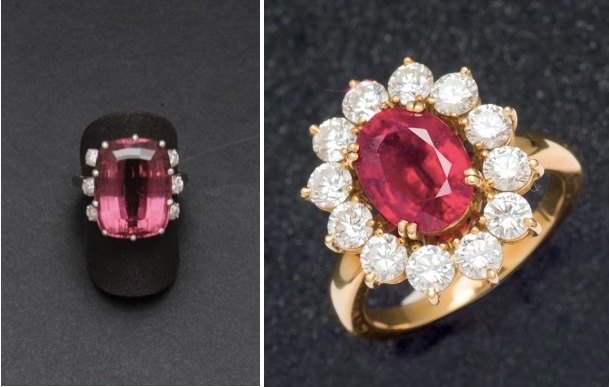 Links: Ring in Weißgold mit Rubelit und Brillanten Rechts: Ring in Gelbgold mit Rubin und Brillanten