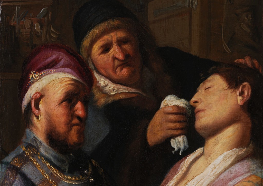 Rembrandt Harmensz. van Rijn, « Le patient inconscient (Une Allégorie de l’odorat) », détail, vers 1624, image via Le Getty