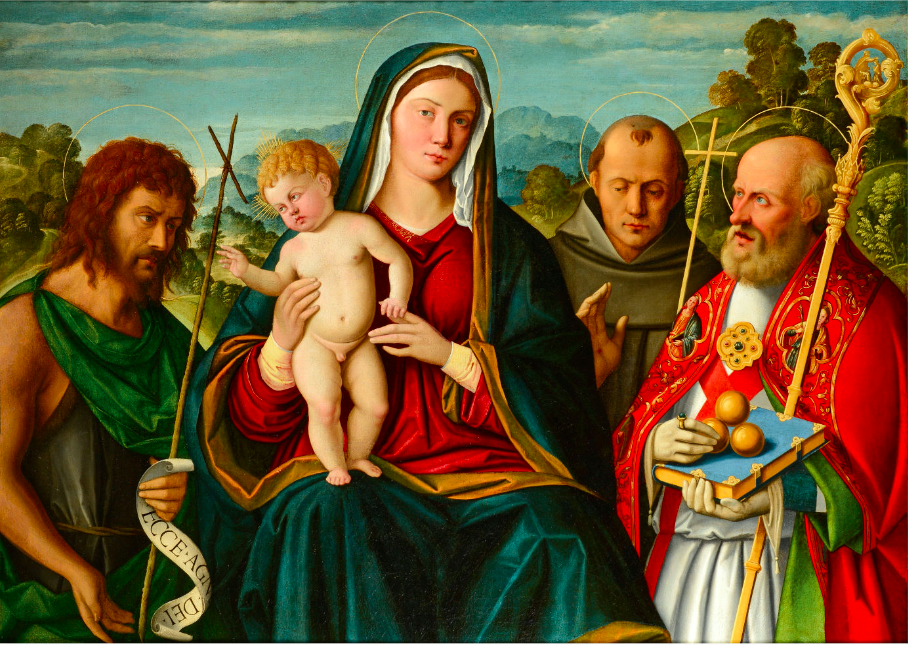 Girolamo da Santacroce (ca. 1485 Bergamo – 1556), Die Madonna mit den Kind und drei Heiligen, Öl/Lwd. | Foto: Hampel