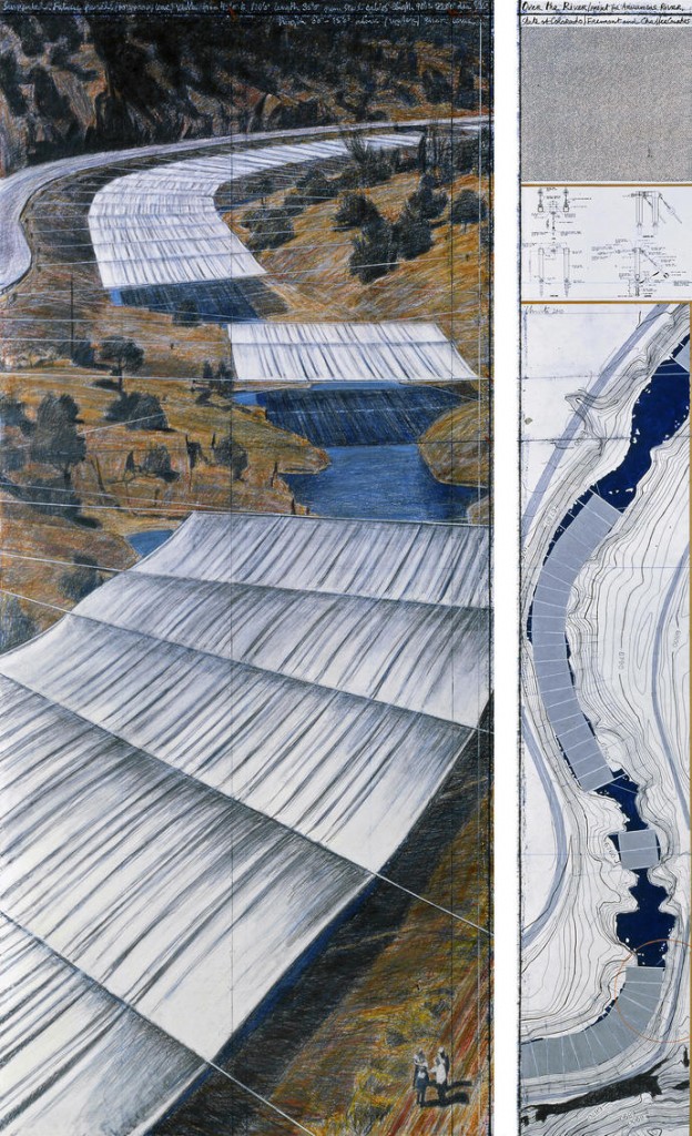 Over The River (Project for Arkansas River, State of Colorado) Drawing 2010 in two parts 96 x 42" and 96 x 15" (244 x 106.6 cm and 244 x 28 cm) Pencil, wax crayon, charcoal, pastel, enamel paint, fabric sample, hand-drawn topographic map, technical data and tape Photo: André Grossmann © 2010 Christo