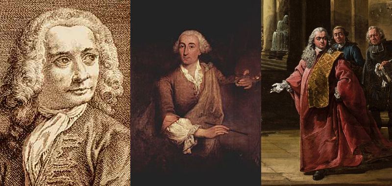 Gauche à droite : Portrait de Canaletto, image © The British Museum ; Portrait de Francesco Guardi par Pietro Longhi (1764) ; Auto-portrait de Bernardo Bellotto, c. 1765, image © National Museum in Warsaw
