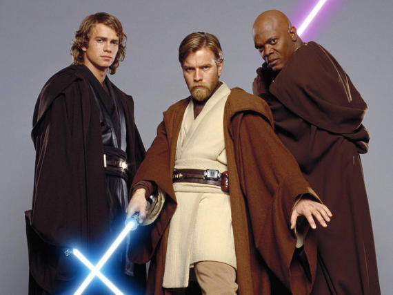 Anakin Skywalker (Hayden Christensen), Obi-Wan Kenobi (Ewan McGregor) und Mace Windu (Samuel L. Jackson) in Star Wars: Episode III - Die Rache der Sith (2005)