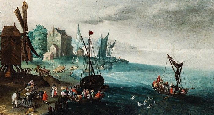 Jan van Kessel, "Utsikt över hamnen med varv och kvarnar" (fritt översatt). Olja på duk. Utropspris: 415 000 kronor.