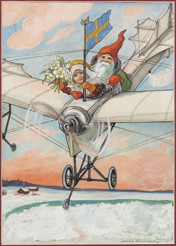 Flygande tomte, 1928. Förlaga till Jultomten (utgiven 1891–1934). Akvarell. Bild Sven-Harrys Konstmuseum / Björn Petrén.