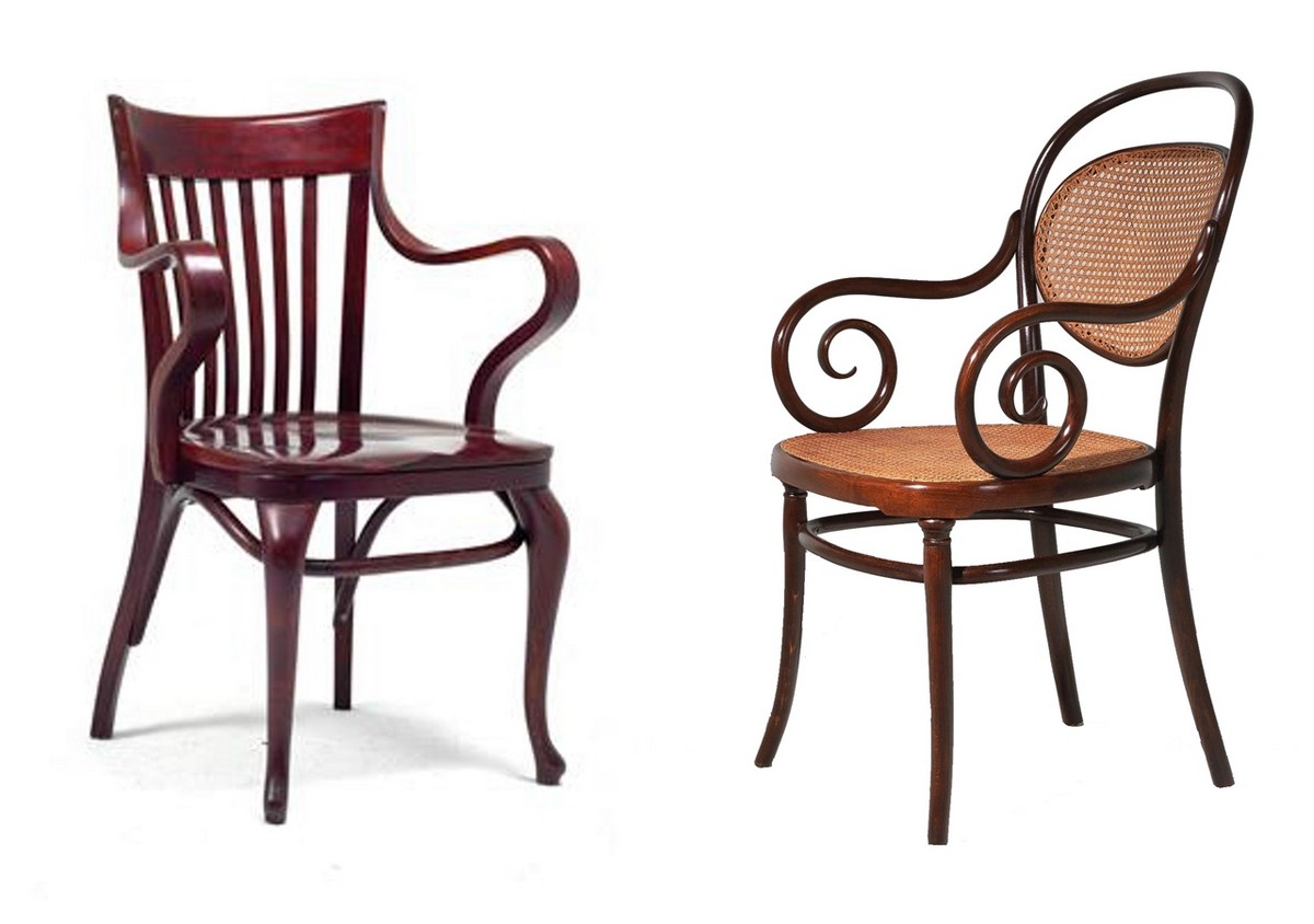 Izquierda: ADOLF LOSS. Silla para el Café Capua de Viena fabricada por Thonet (1913).
Derecha: GEBRÜDER THONET. Silla Thonet Modelo nº 11. Viena (c. 1868).