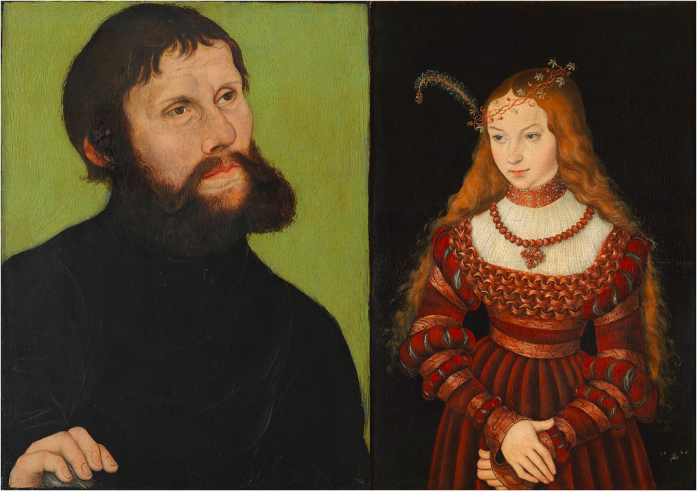 LUCAS CRANACH DER ÄLTERE (1472 Kronach - 1553 Weimar) Links: Martin Luther als Junker Jörg, 1521, Museum der Bildenden Künste Leipzig | Rechts: Bildnis der Prinzessin Sibylle von Cleve, 1926, Weimarer Stadtschloss