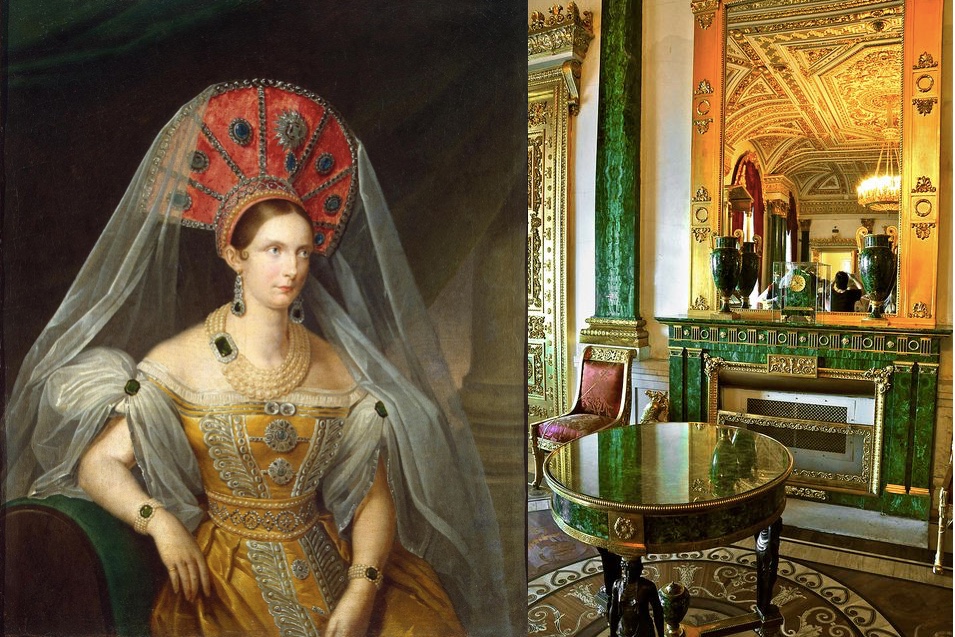 Links: Zarin Alexandra Fjodorowna, 1836 Abb. via Wikipedia Rechts: Kamin im Malachit Saal im Winterpalast Foto via Pinterest