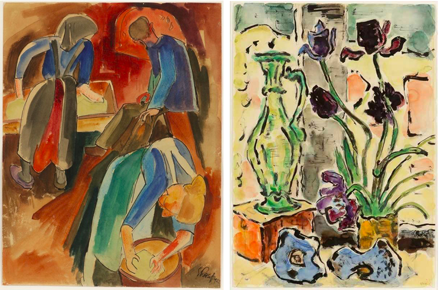 Karl Schmidt-Rottluff (1884 Rottluff/Chemnitz - 1976 Berlin)
Links: "Am Backofen", Aquarell/Papier, signiert und datiert, 1922 Rechts: "Stilleben mit schwarzen Tulpen", Aquarell/Papier, signiert | Fotos: Kastern