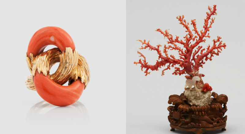 Gauche : bague en corail sculpté et or / Droite : figures en corail et agate, Chine, années 1900, images ©Bukowskis et Uppsala Auktionskammare
