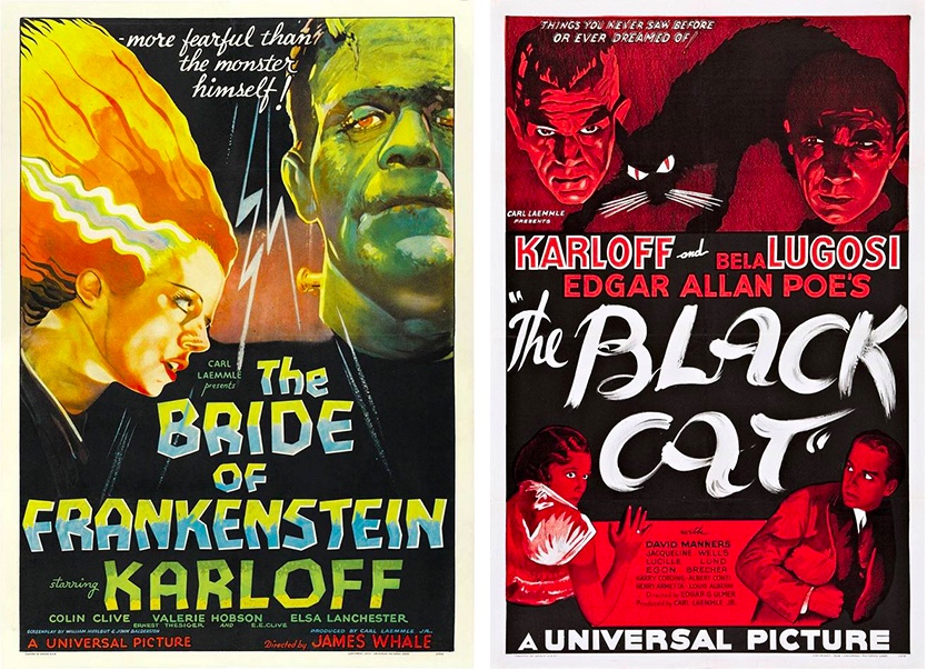 Links: "The Bride of Frankenstein" (1935, Universal Pictures), Plakat für den US-Markt Rechts: "The Black Cat" (1934, Universal Pictures), Plakat für den US-Markt