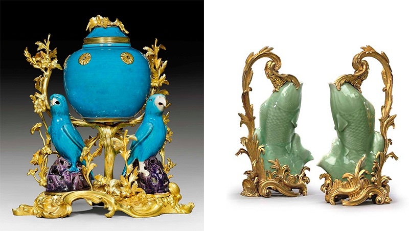 Gauche : pot-pourri en porcelaine chinoise avec monture française en bronze doré, XVIIIe siècle, image ©Koller / Droite : paire de vase en porcelaine de céladon chinois avec monture française en bronze doré, image ©Christie’s