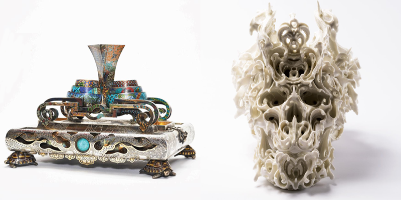 T.v. Boucheron, bläckbord, silver, delvis förgylld. T.h. Katsuyo Aoki, Predictive Dream LIV, 2016, porslin.