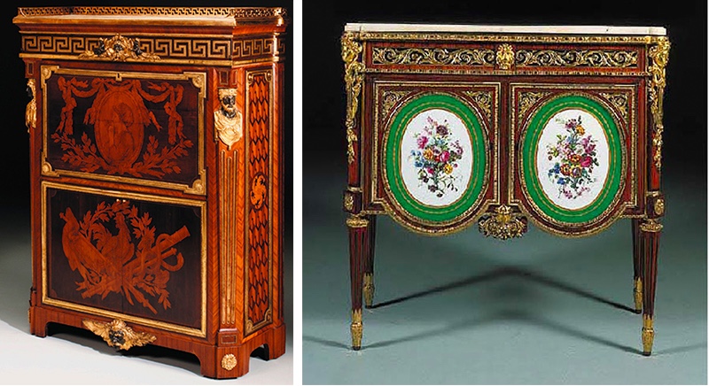 Links: J. H. Riesener/J. F. Oeben, Secrétaire, ca. 1763-68 (Foto: Christie's) Rechts: M. Carlin, Kommode mit Dekor aus Sèvres-Porzellan, ca. 1776 (Foto: Christie's)