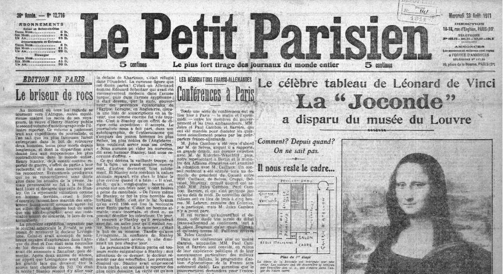Le Petit Parisien annonce le vol de la Joconde, 23 août 1911 Image via lesyeuxdargus.wordpress.com