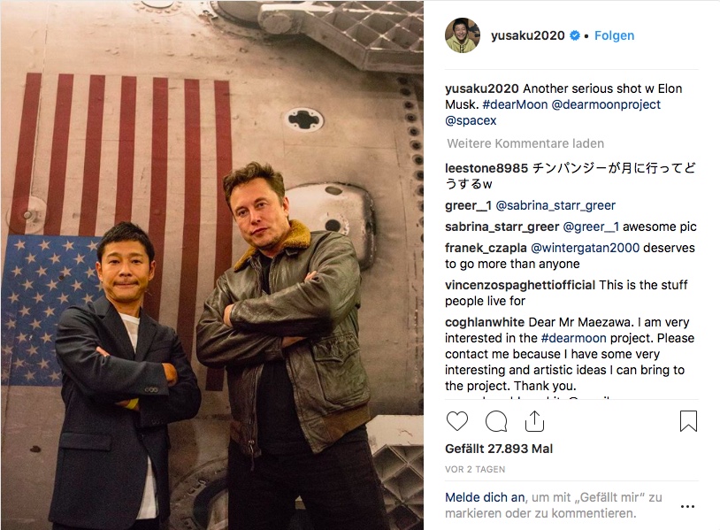 Yusaku Maezawa posiert mit Elon Musk für ein Foto auf Instagram