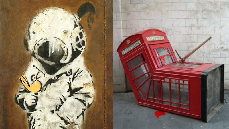Links: "Space Girl and Bird", Foto: Bonhams | Rechts: "Vandalized Phone Box", Foto: Toronto Star