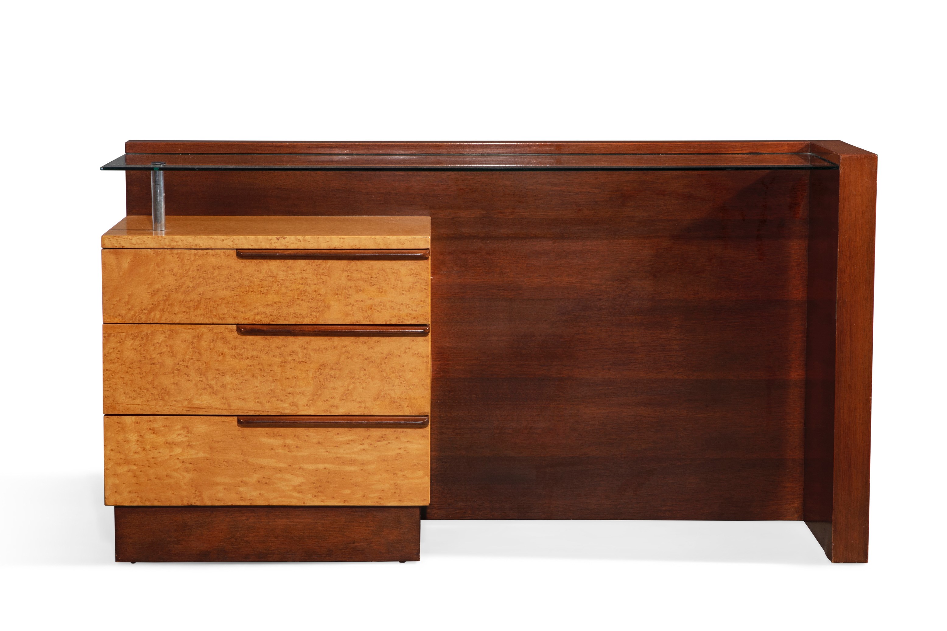 Art Deco Gilbert Rohde for Herman Miller bird's eye maple and walnut vanity, #3626, designed 1936 (est. $1,000-1,500).