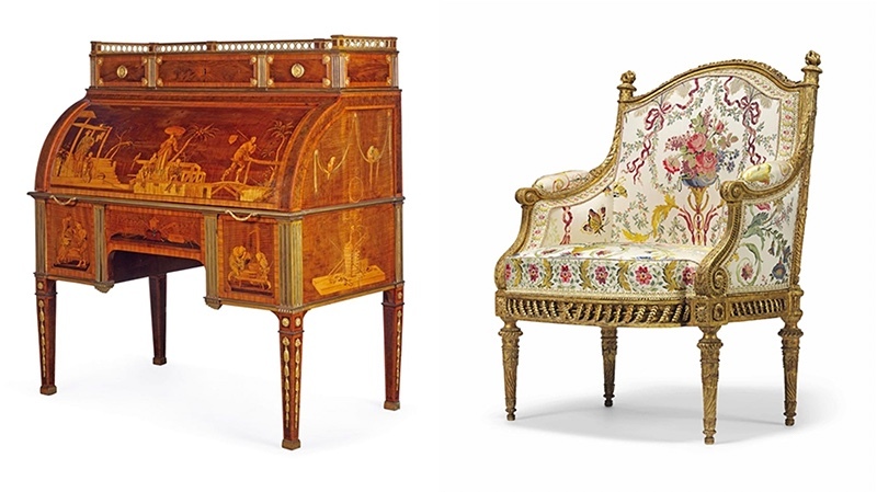 Gauche : David Roentgen, bureau, vers 1776-1779, image ©Christie’s / Droite : F. Foliot, bergère, 1780-1781, image ©Christie’s