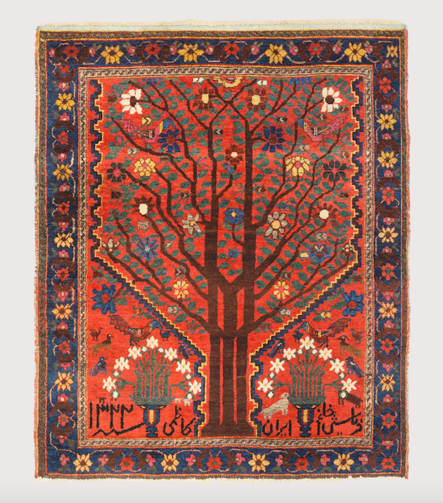 Neiriz ‘Tree’ Rug with Inscription, Fars Province, Southwest Persia, early 20th century. Sadegh Memarian, exhibiting at the HALI Fair at The Mall Galleries, 27-30 June 2019. Photo courtesy HALI