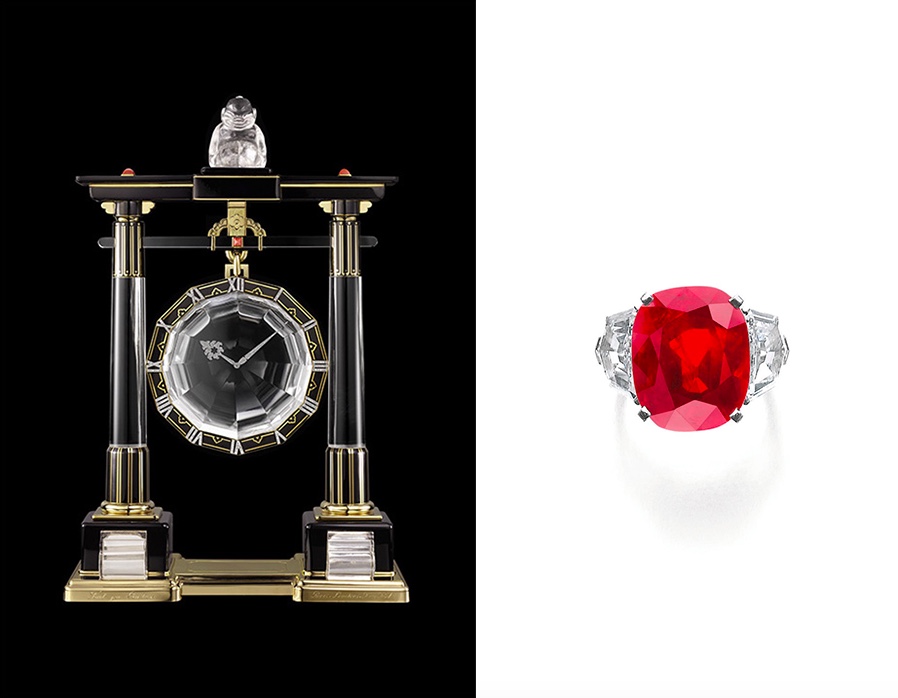 Links: Herausragende Mystery Clock von Cartier Paris (1923) | Foto: © Cartier Rechts: Rekordpreis für einen Rubin - Dieser Ring von Cartier erzielte 2015 28 Millionen CHF | Foto: © Sotheby's