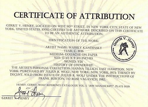 L'un des faux certificats émis par Eric Spoutz © artfakes.dk 2005