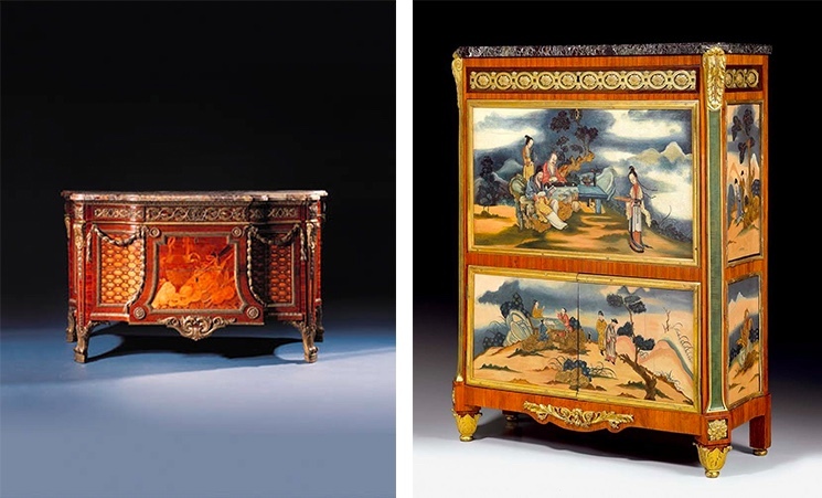 Gauche : JH Riesener, commode, 1778, image ©Christie’s / Droite : N. Petit, secrétaire « à abattant » à 1775-1780, image ©Koller