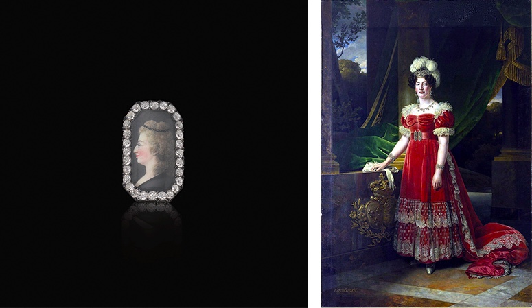 Links: Diamantring mit dem Portrait Marie Antoinettes. Erzielter Preis: 250.000 CHF (Foto: ©Sotheby's) Rechts: Alexandre-François Caminade, Marie-Thérèse von Frankreich, 1827