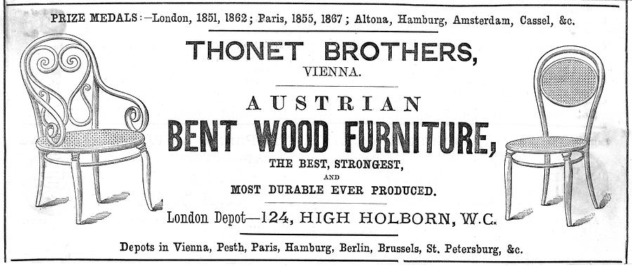 Publicidad de las sillas Thonet aparecida en London News en 1873.