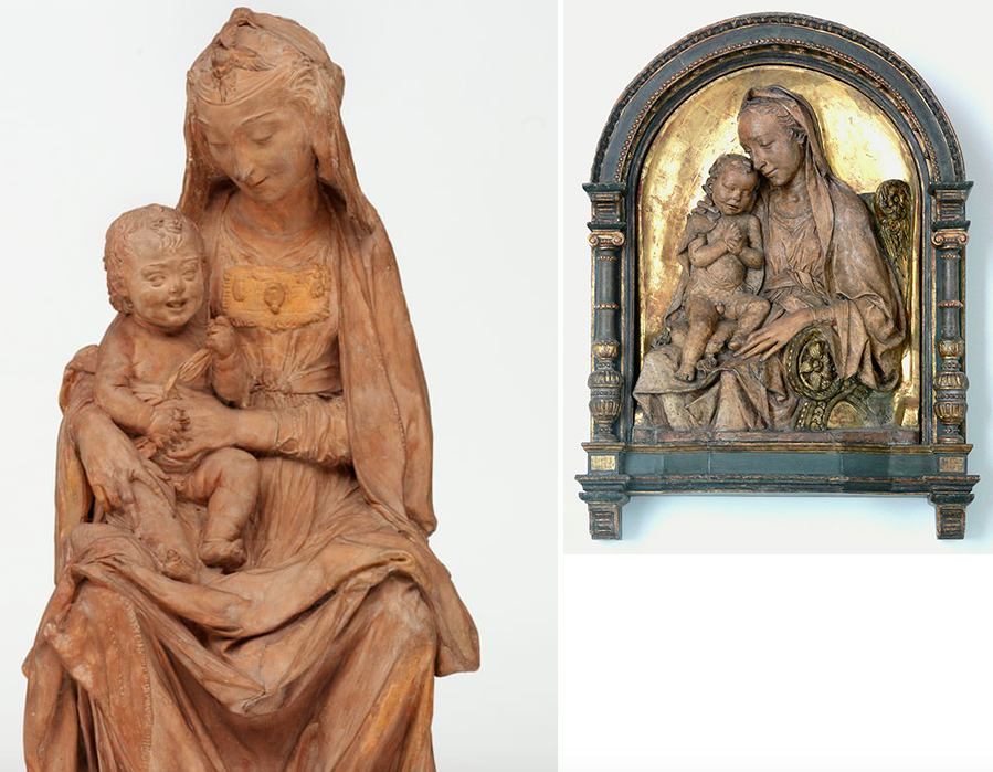 Left: ‘Madonna with the laughing child’, c. 1472. Photo: Victoria & Albert Museum, London via The Guardian. Right: Antonio Rossellino, ‘Madonna and Child’, c. 1475, Bode-Museum, Berlin