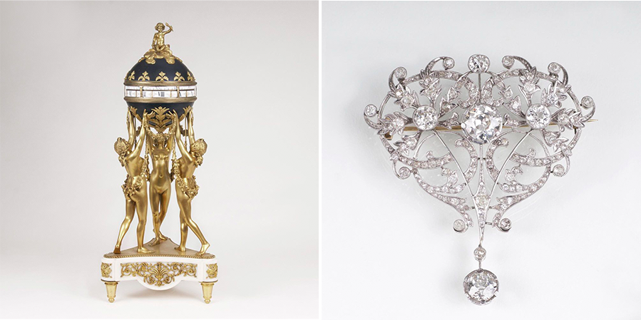 Links: Lepaute, Große 'Cercle Tournant' mit den Drei Grazien, Paris um 1900 Rechts: Jugendstil-Brosche aus Platin mit Diamanten, um 1900 | Fotos: Stahl